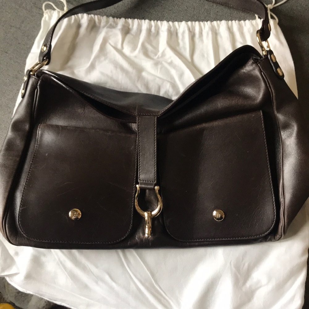 Dark brown leather bag kate spade gold buckle